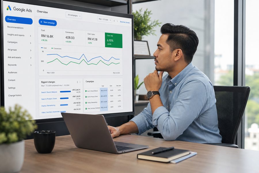 Pakar Google Ads sedang review prestasi campaign
